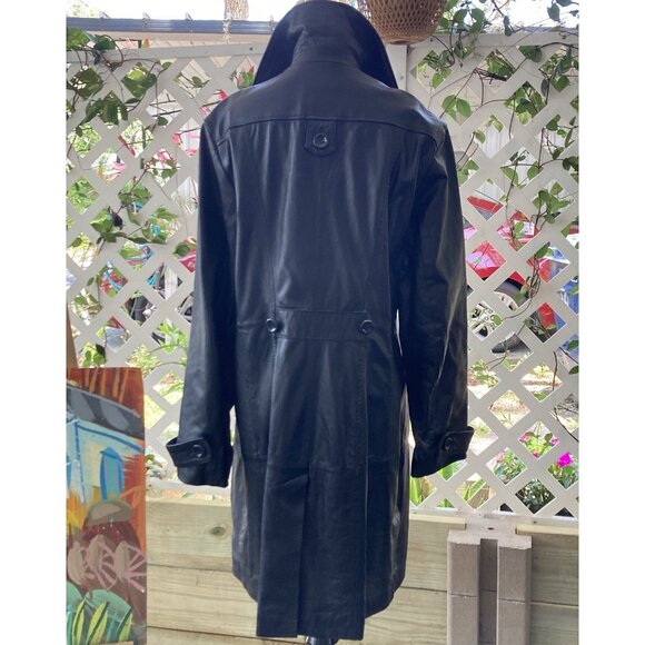 Vintage Wilsons Leather Jacket Black Trench Over Coat Big Collar Chevron Lined L - Picture 7 of 16